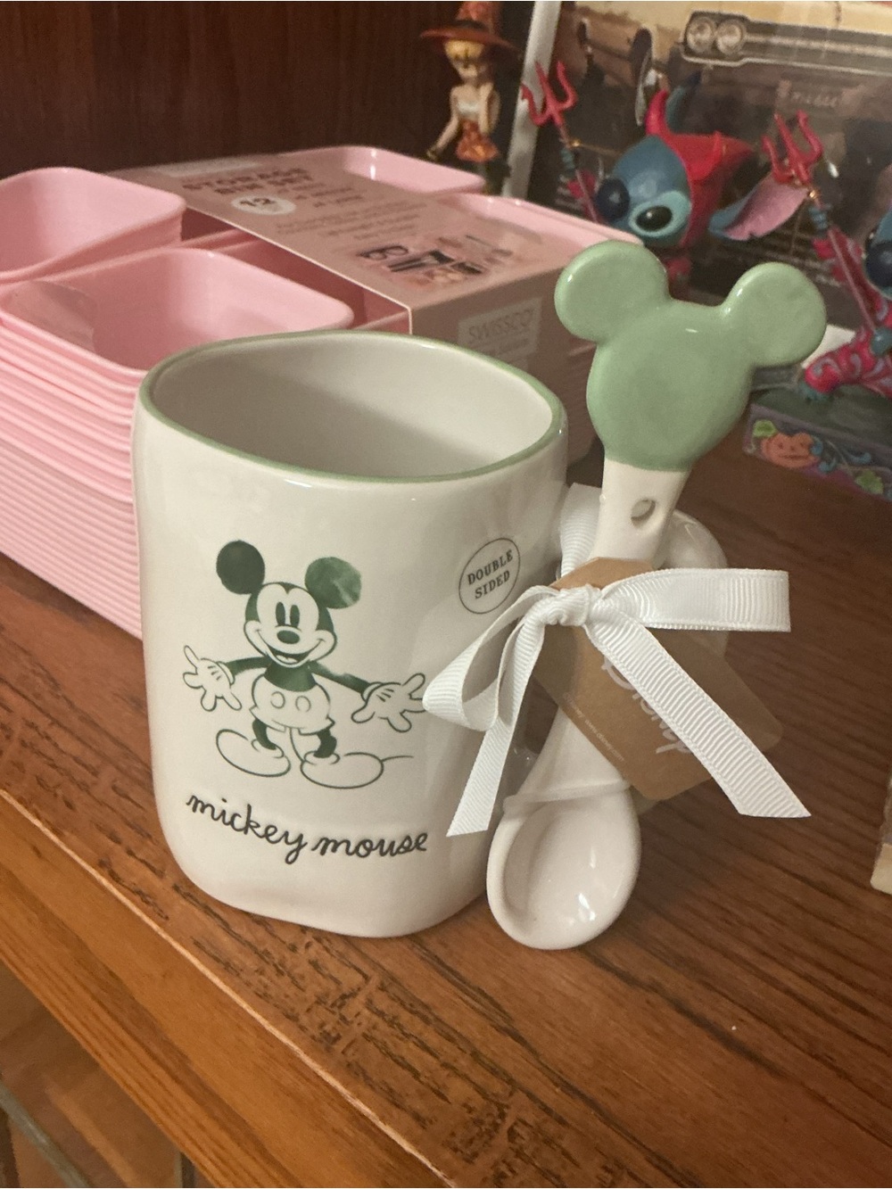 Disney Mickey Mouse Ceramic Mug with Green Accents and Spoon
